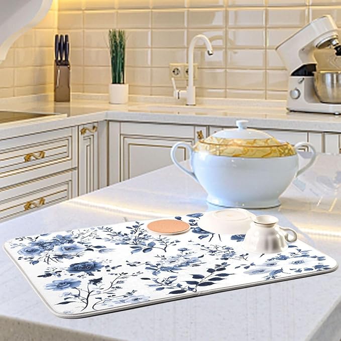 Blue White Porcelain Flower Dish Drying Mat for Kitchen Counter Absorbent Microfiber Drying Pad, Medium 16x18 in