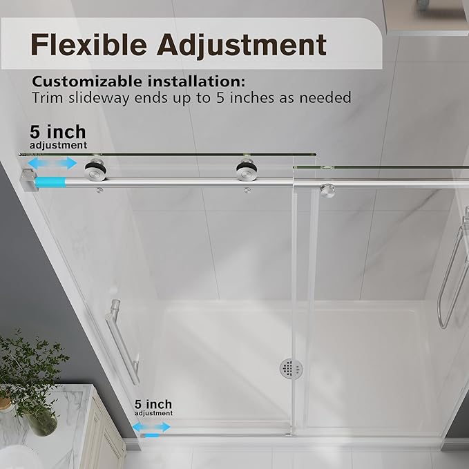 Frameless Glass Shower Door, 61-66" W x 76" H Sliding Frameless Shower Door, 1/4''(6mm) SGCC Tempered Glass, Explosion-Proof Film Nano Coating, Stainless Steel Hardware, Brushed Nickel