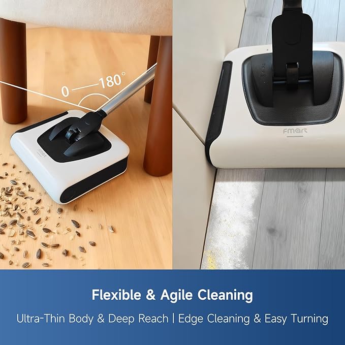 FMART FM-009 Cordless Electric Floor Sweeper — Lightweight One-Hand Operation with Flexible Handle, Quiet Design, Powerful High-Speed Edge Brush, for Hard Floors, Corners & Low-Pile Carpets