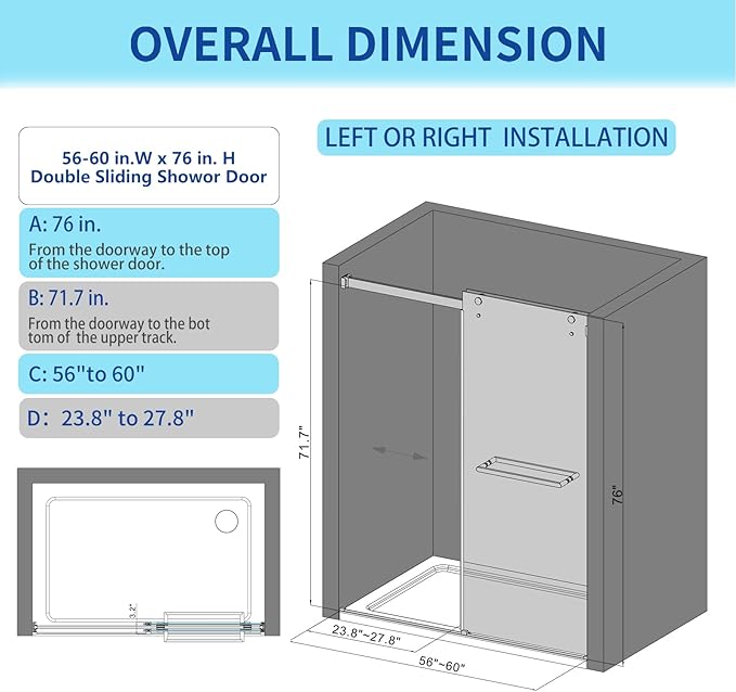 56-60" W x 76" H Double Sliding Frameless Shower Glass Door, 5/16" (8mm) ANSI & SGCC Certified Tempered Glass with Double Nano Coating, Stainless Steel Hardware & Towel Rack (Brushed Nickel)