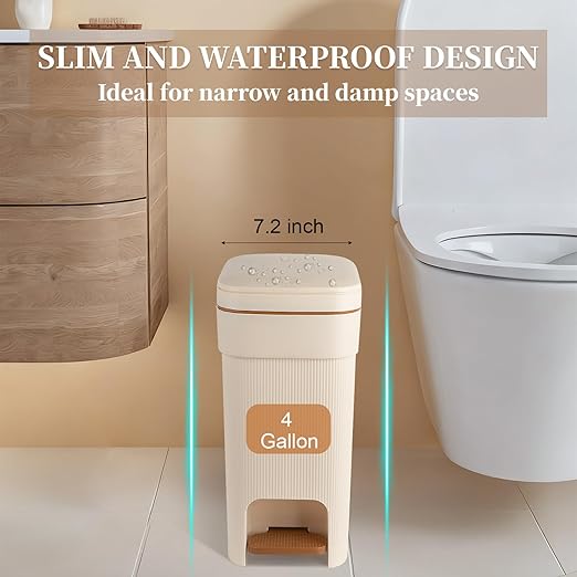 JiatuA Small Bathroom Trash Can with Lid Soft Close, 4 Gallon Step Garbage Can Slim Trash Bin Wastebasket for Kitchen Bedroom Office Living Room Toilet College Dorm, Cream