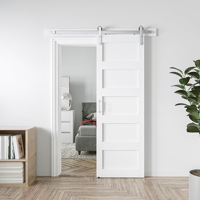 28in x 84in White Sliding Barn Door with 5ft Brushed Nickel Barn Door Hardware Kit & Handle, 5-Panel, Pre-Drilled Holes Easy Assembly, Water-Proof PVC Surface