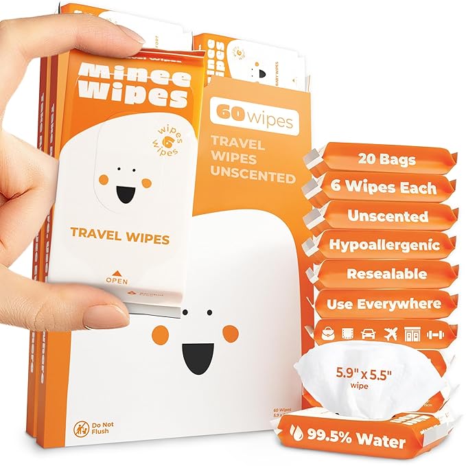 Impossibly Compact Travel Wipes - 99.5% Water - Safe for Sensitive Skin & Hypoallergenic, Resealable, Thick & Durable - For Adults, Kids & Baby Care - Unscented, 20 Pack Total 120 Wipes