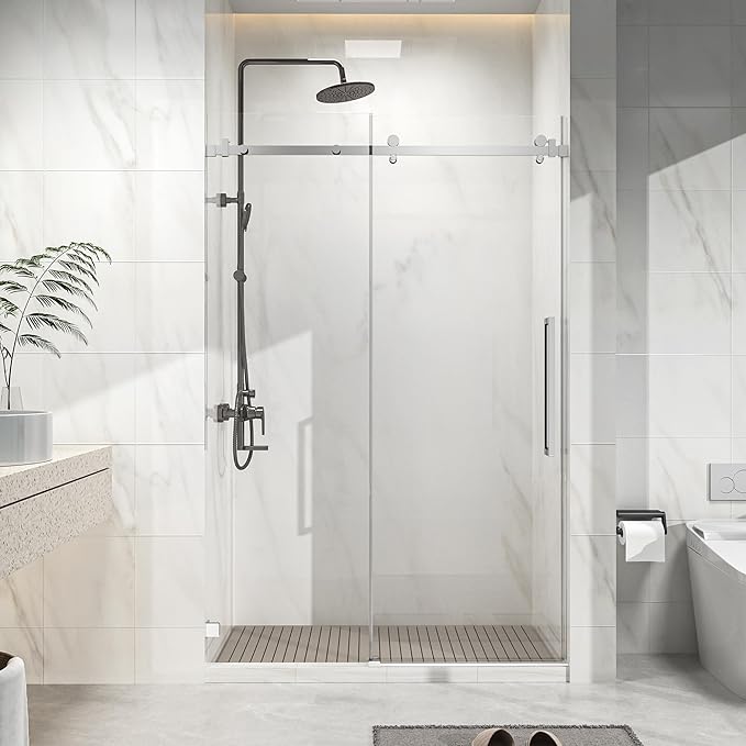 Frameless Shower Door 48" W x 72" H, 1/4" Clear Tempered Glass, Sliding Design, Reversible Installation, Chrome Finish, Space-Saving Glass Shower Door for Small Bathrooms