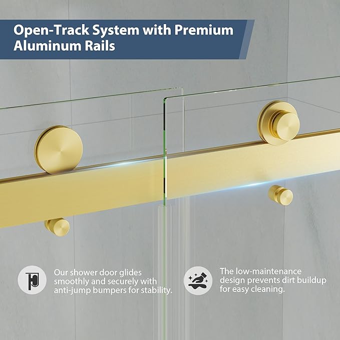 Frameless Double Sliding Shower Doors, 49-54" W x 76" H Shower Glass Door, 1/4" (6mm) Thick ANSI Certified Tempered Glass with Explosion-Proof Film and Nano Coating, Brushed Gold