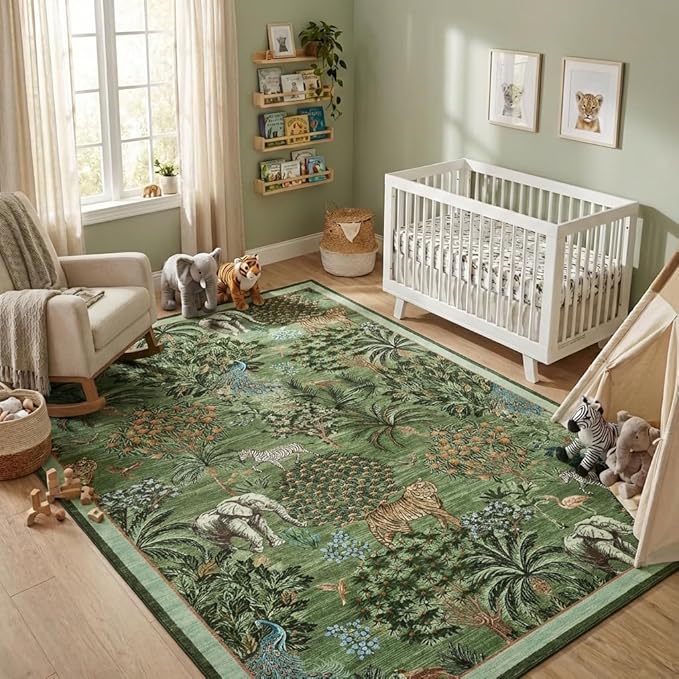 GarveeHome Jungle Animal Print Rug 5x7 Washable Area Rugs for Living Room, Forest Rug Non Slip Low Pile Stain Resistance Large Throw Carpet for Bedroom Dining Room Kids Playroom Nursery, Forest Green