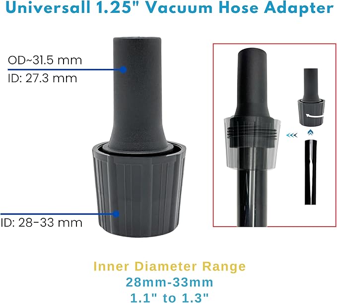 1-1/4'' Vacuum Turbo Brush Attachment for Pet Hair Removal – Fits Shop Vacs 1.25”(32mm) Hoses with Adapter– Air Driven Turbo Brush Compatible with Most Vacuum Cleaners Outer Diameter Hose 1-1/4