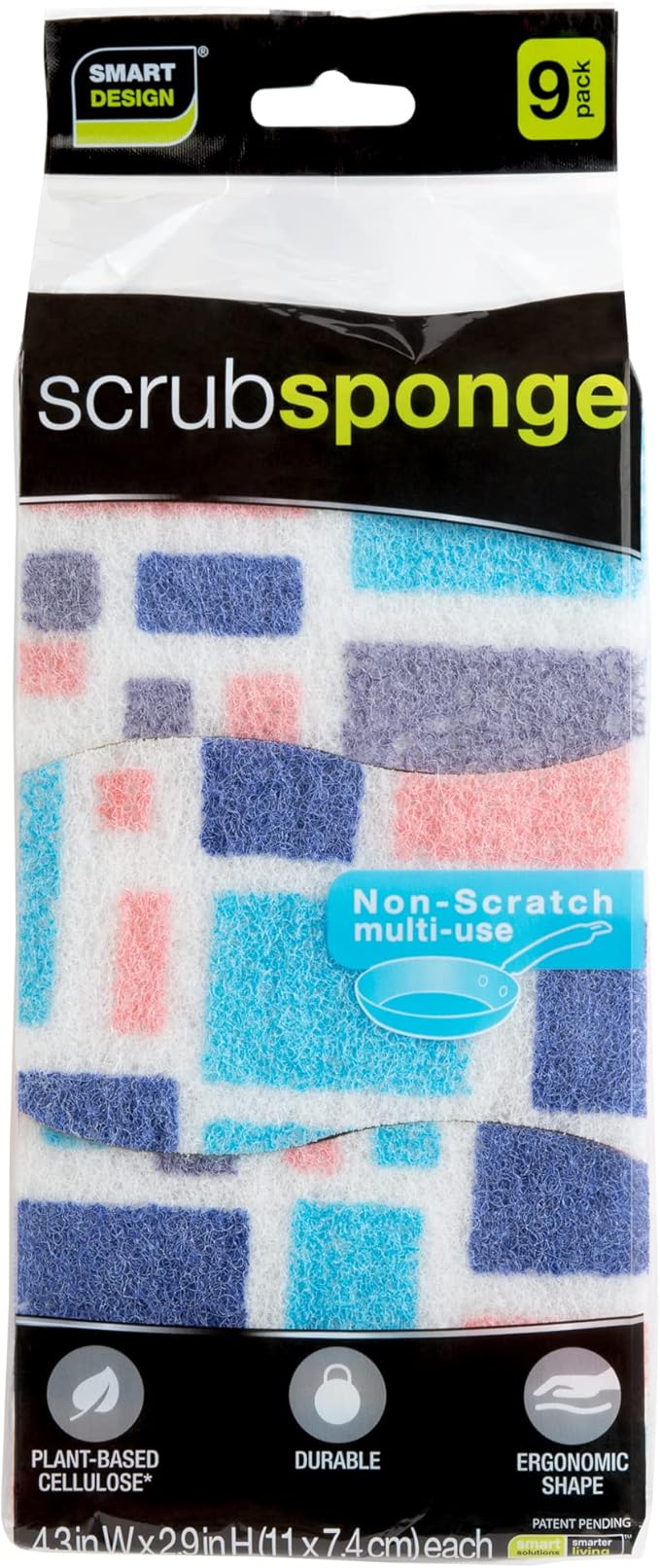 Smart Design Non-Scratch Cellulose Smart Scrub Sponge - Set of 9 - Ultra Absorbent - Ergonomic Shape - Cleaning, Dishes, & Hard Stains - Cool Geometric Pattern - Blue, Pink, Purple