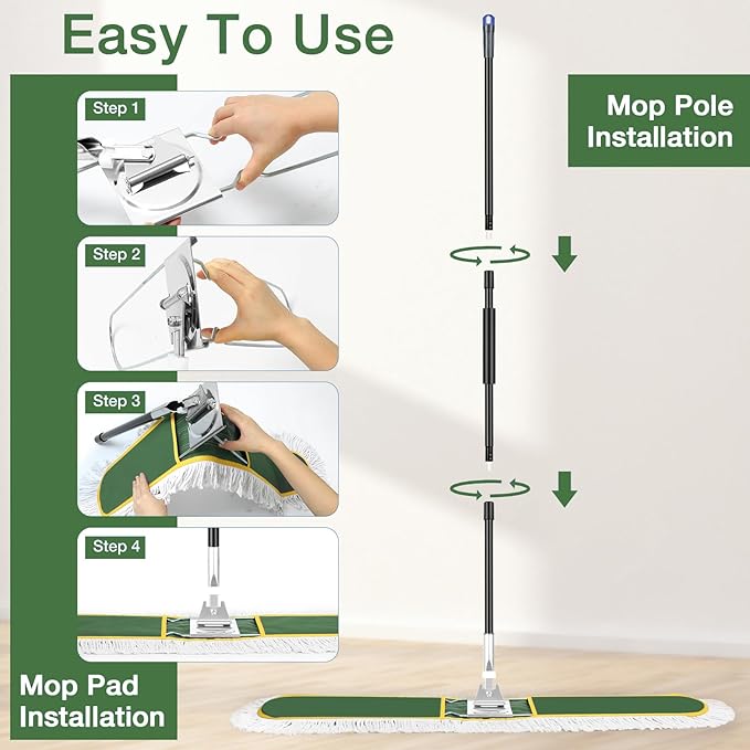 48" Commercial Industrial Dust Mop, CLDREAM Heavy Duty Floor Sweeper for Floor Cleaning with Replacement Mops Pads, Large Wet Dry Mop for Office Garage Hardwood Warehouse Factory Mall