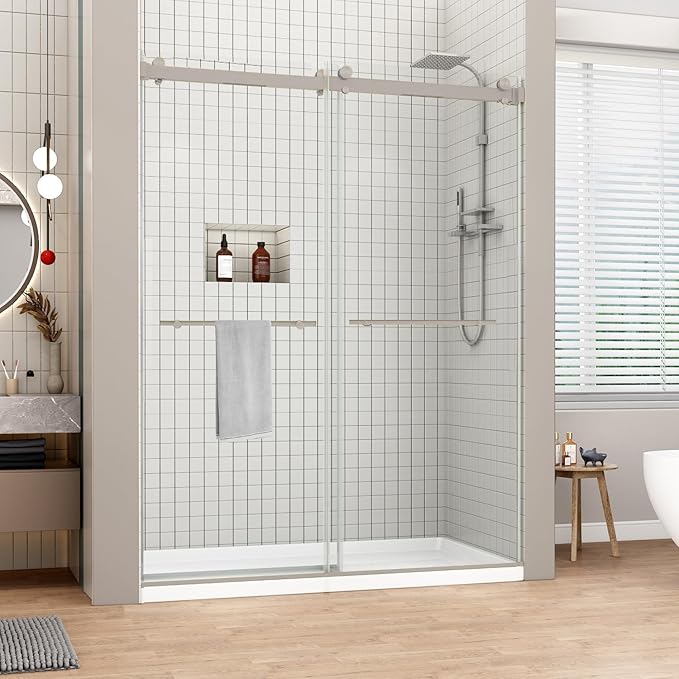 Sunrosa Frameless Double Sliding Shower Door 44-48" W x 76" H, 5/16" (8mm) Thick Easy-Clean Tempered Glass, Soft-Close Adjustable Shower Door with Towel Bar, Brushed Nickel Finish