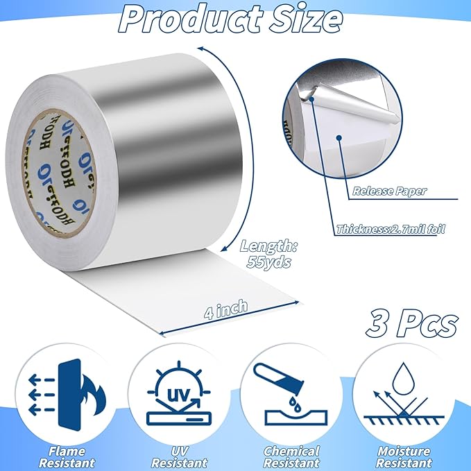 3 Pack Aluminum Foil Tape Bulk - 4 Inch x 55 Yards - 2.7mil Heavy Duty Metal Duct Tape, Aluminum HVAC Tape for Sealing & Patching, Air Ducts, Insulation Metal Repair, Professional Grade