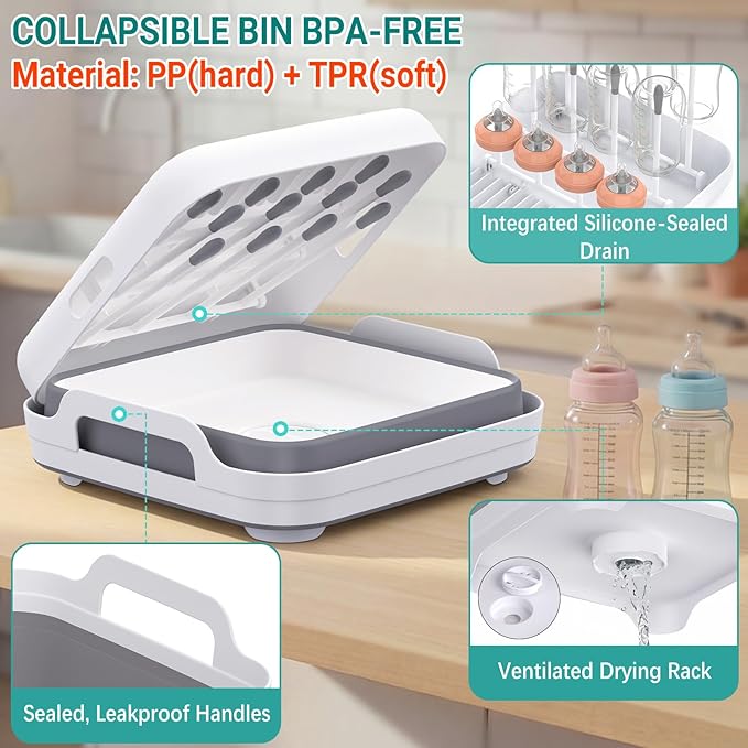Collapsible Wash Basin for Baby Bottles with Drying Rack – 2.4 Gallon Foldable Dish Tub with Handles, Portable RV Camping Sink & Space-Saving Wash Bin with Lid for Kitchen, Travel & Outdoor
