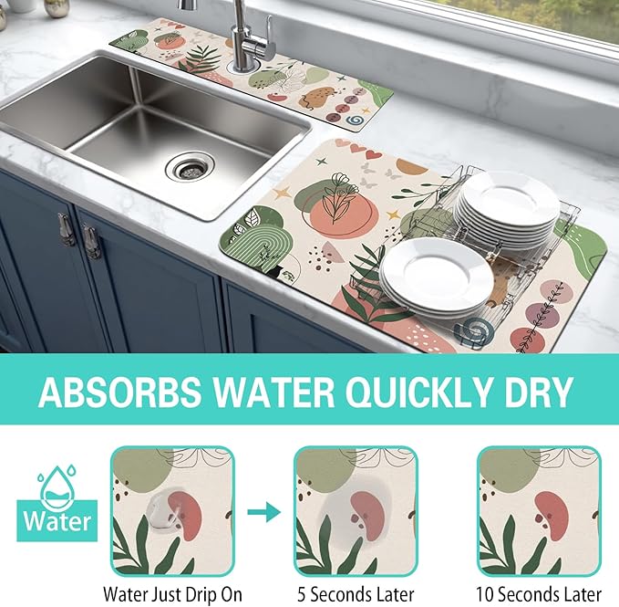 Dish Drying Mat for Kitchen Counter Matt, 2PCS 31.5"x17" Dish Drainer Mat & 24"x5.5" Sink Splash Guard, Super Absorbent Non-slip Rubber Backed