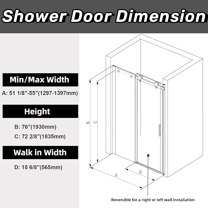 Sunrosa Semi-Frameless Glass Shower Door, 51-55" W x 76" H Single Sliding Shower Door with Tempered Glass 5/16"(8mm), Brushed Gold