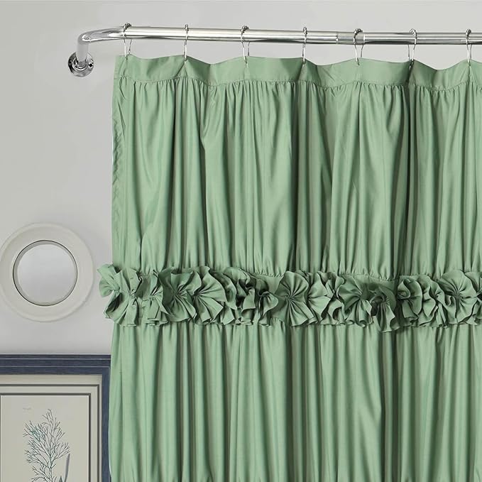 Light Green Ruffle Shower Curtain 72“ W x 84” H, Vintage Handcrafted Bow Tie Bath Curtain for Master Bathroom, Ruched Microfiber Bathroom Curtain with 12 Buttonholes (LQ-10)