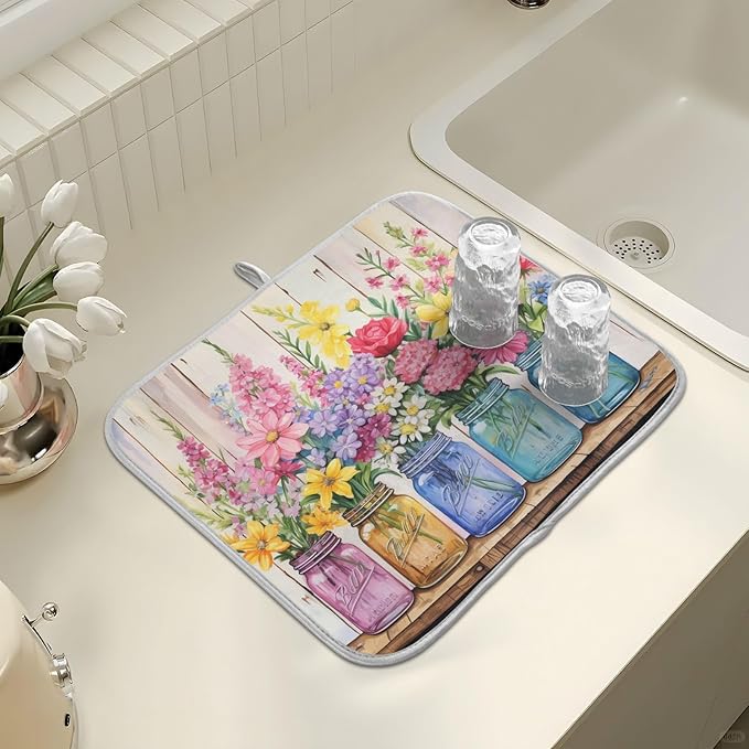 Spring Floral Jars Rustic Dish Drying Mat for Kitchen Counter Absorbent Microfiber Large Drying Pad Flowers Dish Mats for Kitchen Countertops 18 x 24 Inch