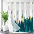 No Hook Shower Curtain with Snap in Liner, Hotel Style Blue White Mix Gold Brush Strokes Art Modern Shower Curtain Waterpoof Washable with See Through Top Window,71"x86"