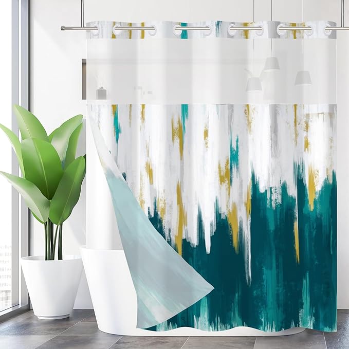 No Hook Shower Curtain with Snap in Liner, Hotel Style Blue White Mix Gold Brush Strokes Art Modern Shower Curtain Waterpoof Washable with See Through Top Window,71"x86"