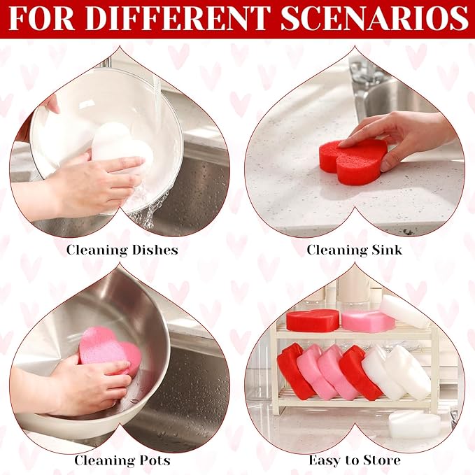 Tioncy 12 Pack Pink Heart Kitchen Sponges Bulk Dual Sided Valentine Scrubber Sponges Dishwashing Cleaning Accessories for Valentine Kitchen Supplies