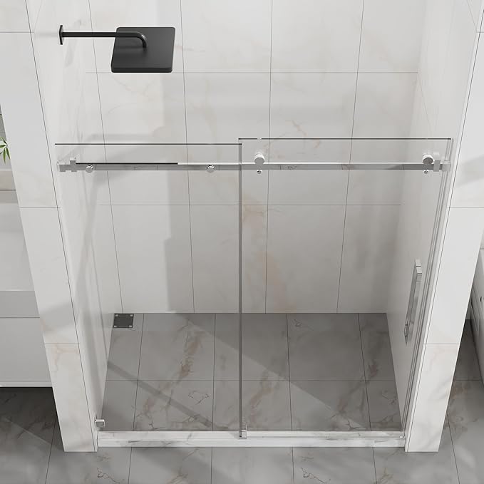 Frameless Shower Door 60" W x 72" H, 1/4" Clear Tempered Glass, Sliding Design, Reversible Installation, Chrome Finish, Space-Saving Glass Shower Door for Small Bathrooms