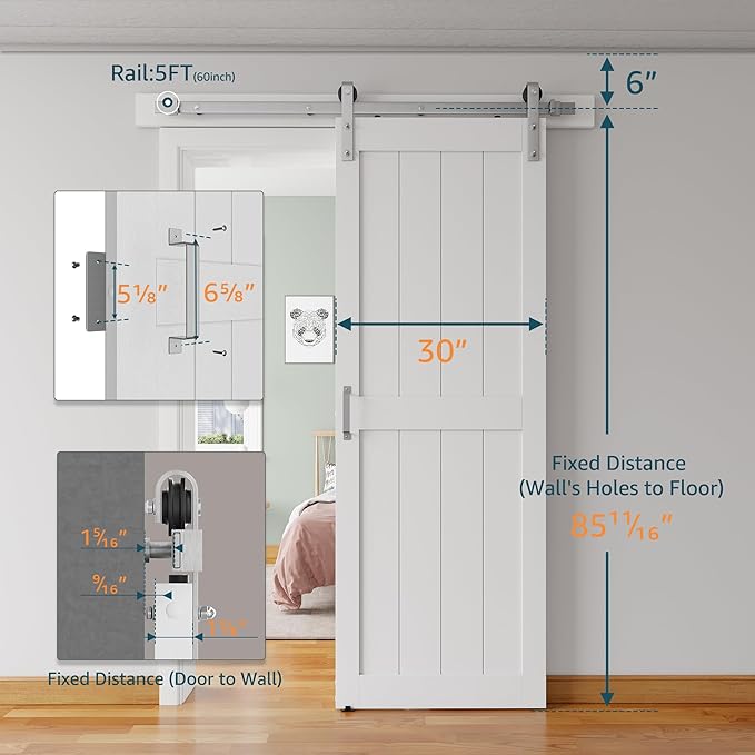30''x84'' Sliding Barn Door with 5 Ft Brushed Nickel Hardware Kit& Handle& Floor Guides,Pre-Drilled Holes Easy Assembly - Include Installation Manual, Water-Proof PVC Surface, H-Frame