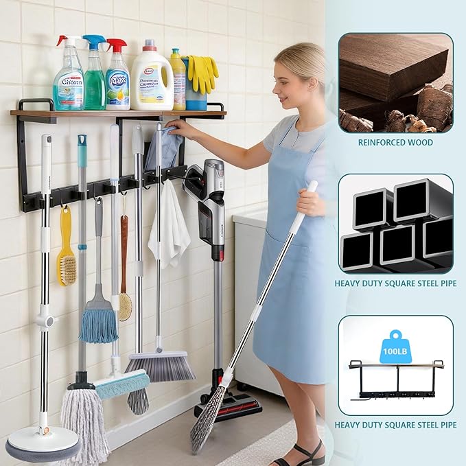 Broom Holder Wall Mount With Cleaning Supplies Organizer Shelf Broom And Mop Organizer Wall Hanging With Vacuum Holder Wall Mount, Wall Mounted Broom Hanger Utility Racks For Home Garage Laundry Room