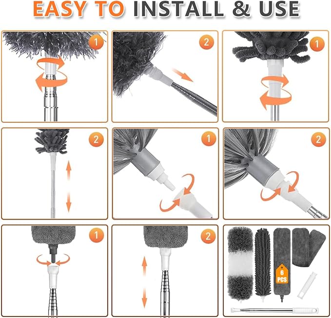 Microfiber Feather Duster, 6PCS Extendable Bendable Dusters with 100" Telescopic Pole, Washable & Reusable Cleaning Kit for Ceiling Fans, Lights, Blinds, Cars, Hard-to-Reach Areas (Gray)