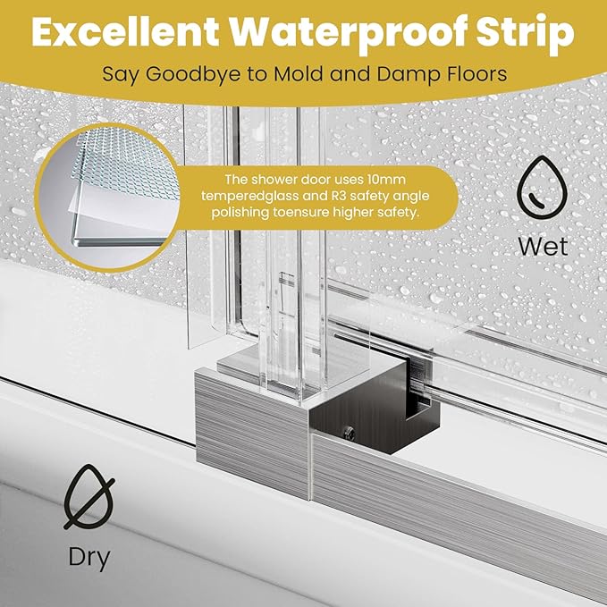 Shower Door 68–72in W x 76 in H, 3/8" Tempered Glass Sliding Shower Door, Frameless Brushed Nickel, Soft-Close with Buffer, Reversible Installation for Modern Bathroom