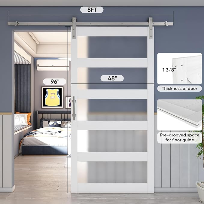 BARNSMITH 48in x 96in Glass Barn Door and 8FT Nickle Sliding Door Hardware Included, 5-Panel Frosted Glass Sliding Barn Door, Solid Wood Covered with Water-Proof PVC Surface, Easy Assembly, White