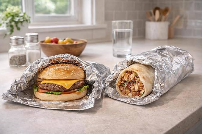 ANGEL’S PEEL LOUNGE Insulated Aluminum Foil Hamburger Bags - Precut Tin Foil Wraps For Burgers, Sandwiches, Hot Dogs, Heavy Duty Non Stick Grease-Resistant Food Wrapping, 6” x 11/8” x 61/2 100 PACK