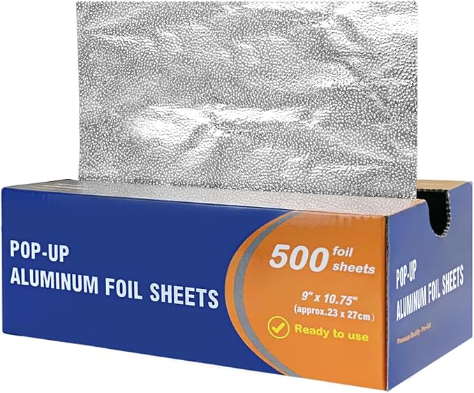 Pre-Cut Pop-Up Aluminum Foil Sheets, 9 x 10.75 Inches, 500 Sheets Bulk Pack – Disposable Foil Wraps for Sandwiches, Burritos & BBQ – Ideal for Food Service, Catering & Home Kitchen