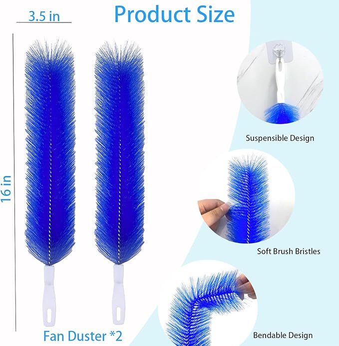 2Pcs Bendable Fan Cleaning Brush,Cobweb Duster with Microfiber Heads, Reusable Fan-Cleaner Brushes Ideal for Air Conditioning Shutters,Fans,Curtains (Blue)