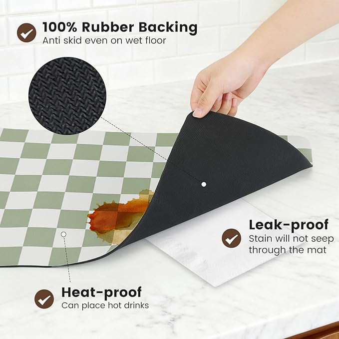 17" x 32" Checkered Dish Drying Mat for Kitchen Counter, Absorbent Coffee Bar Mat for Espresso Machine Coffee Countertops Accessories (Green)