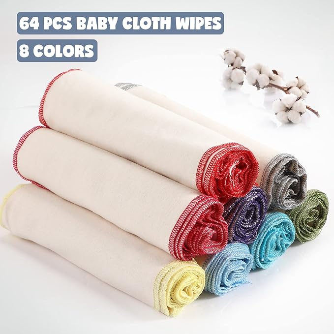 Zopeal 64 Pcs Flannel Cloth Baby Wipes Reusable Dispenser Washable Soft Natural Unbleached Baby Face Cloth Wipes 8 Colors Outer Stitching 8 x 8 Inches