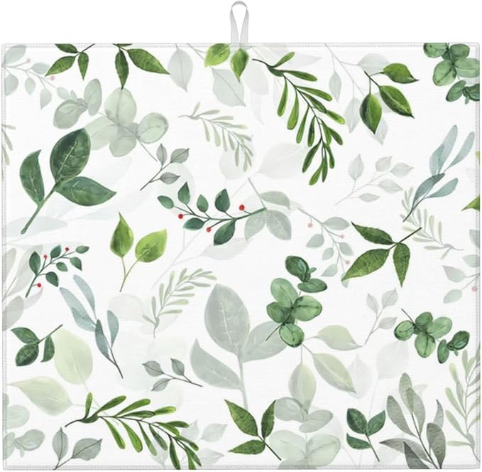 Green Leaves Dish Drying Mat 16x18 inches Microfiber Absorbent Fast Dry Mat for Kitchen Counter Coffee Bar Green Plants Large Drying Mat Kitchen Decor Gifts (Green Leaves, 16x18 inches)