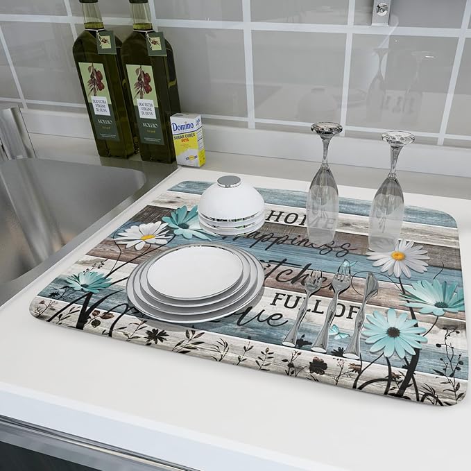 Daisy Floral Dish Drying Mat 18x24 Inches Rustic Wood Microfiber Absorbent Reversible Dish Draining Pad Fast Dry Kitchen Accessories