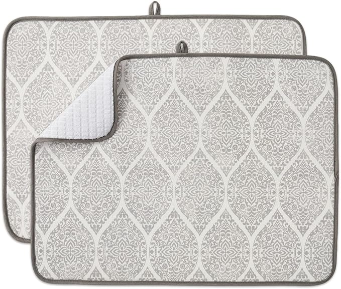 FRESHMINT Printed Dish Drying Mats for Kitchen Counter 2 Pack Absorbent Reversible Drying Mats Microfiber Kitchen Countertop Protector Dishes Drying Pad Extra Large 18"x24" Dish Mat