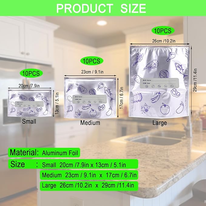 Reusable Aluminum Foil Storage Bags, 30 Count - Thick, Leak-Proof Stand-Up Bags with Resealable Zipper for Food Storage & Organization | Freezer, Pantry & Meal Prep (Variety Pack (S/M/L))