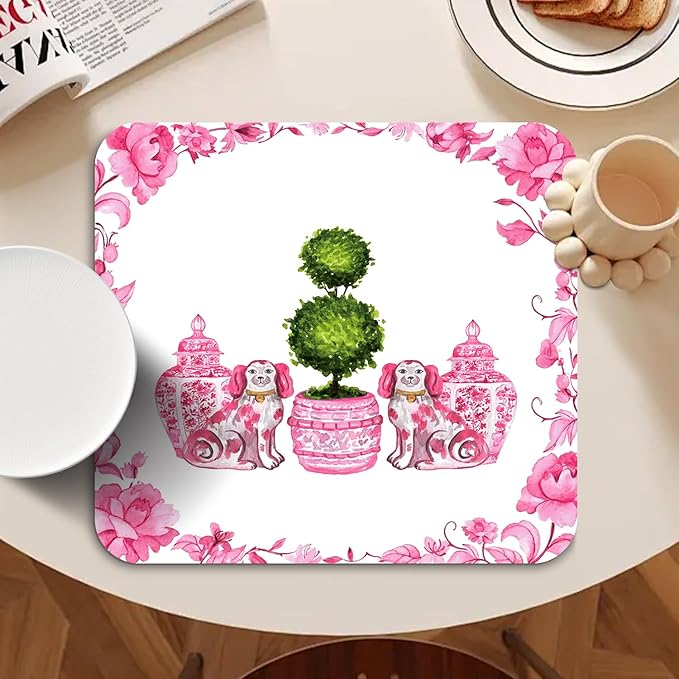Pink Chinoiserie Dish Drying Mat - Pink Porcelain Dish Drying Mat,Chinoiserie Dog Drying Mat For Kitchen Counter,Coffee Bar Mat,Vintage Chinoiserie Drying Mat,16x17.5 Inch