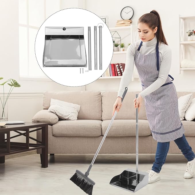 Stainless Steel Dustpan with Long Handle Upright Garbage Shovel Heavy Duty Large Size for Home and Garage Cleaning Indoor Outdoor Use