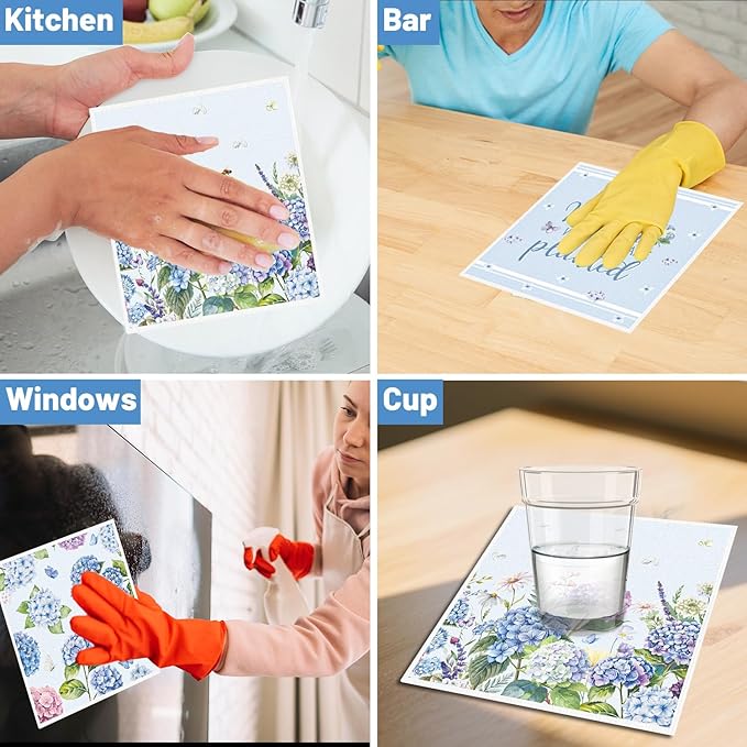 Floral Swedish Dishcloths for Kitchen, 6 Pack Blue Hydrangea Reusable Dish Paper Hand Towels Housewarming Gifts, Spring Absorbent Dish Rags for Home Cooking Cleaning