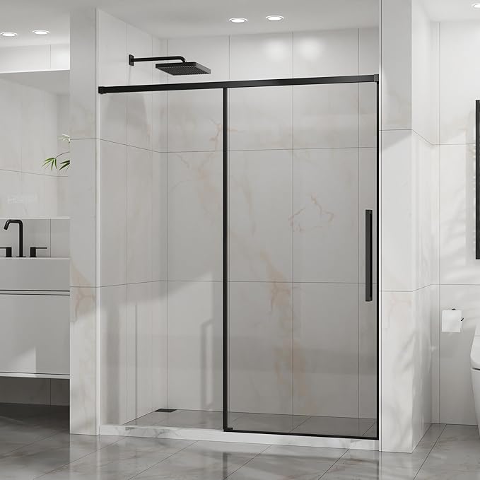 Semi-Frameless Shower Door 60" W x 72" H, 1/4" Clear Tempered Glass, Sliding Design, Reversible Installation, Matte Black Finish, Space-Saving Glass Shower Door for Small Bathrooms
