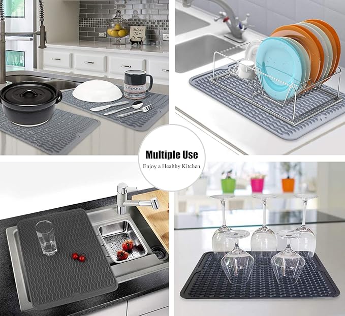 Silicone Dish Drying Mat for Multiple Usage, Easy clean, Eco-friendly, Heat-resistant Dish Drainer Mat for Kitchen Counter,Sink,Refrigerator or Drawer liner (12" x 12", White)