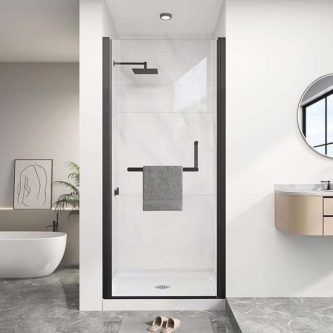 KPUY Pivot Shower Door, 36-38" W x 72" H Frameless Single Swing Glass Shower Door with Explosion-Proof Film Nano Coating, 1/4" (6mm) Thick Tempered Clear Glass, Matte Black