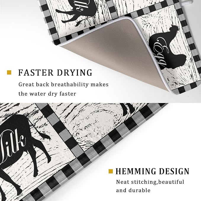 Farmhouse Animal Dish Drying Mat Buffalo Plaid Drainer Rack Mats Fast Dry Absorbent Kitchen Countertop Protector Dishes Pad 18x24 Inch