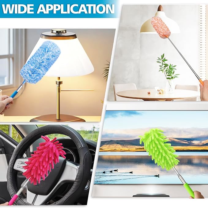 4 Pack Multi-Head Duster Kit, 13" to 30" Extendable Pole, Microfiber & Chenille Heads, Blue, Green, Orange, Multicolor, Washable, Bendable, For Furniture & Wall