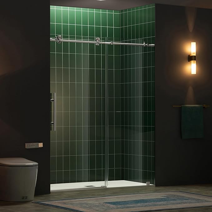Woodbridge 57.5-60" W x 80" H Frameless Single Sliding Soft-Close Shower Door with Tempered Glass & Explosion Proof Film in Brushed Nickel Finish