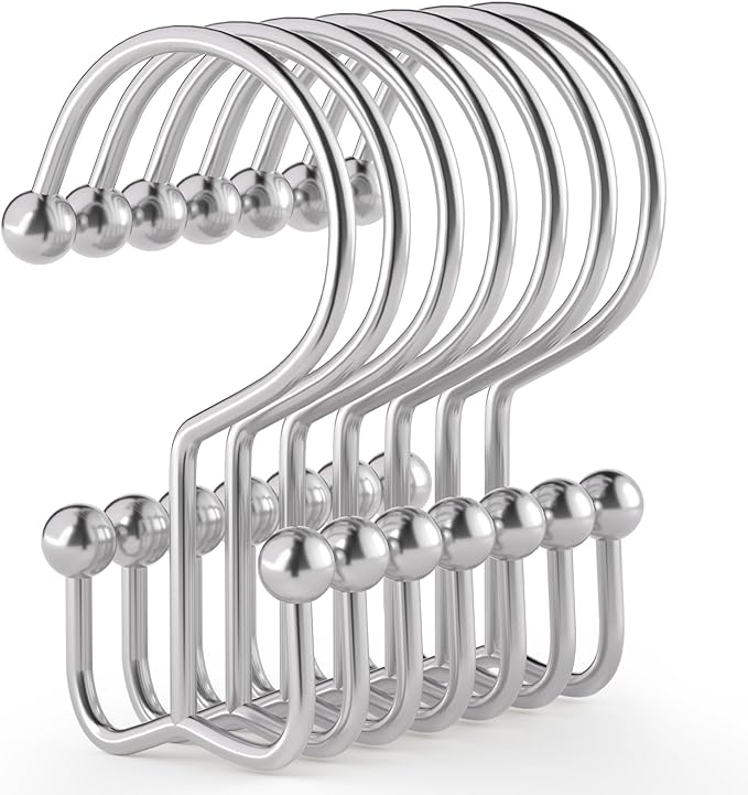 Goowin Shower Curtain Hooks, 12 Pcs Shower Curtain Rings, Durable Rust Proof Silver Shower Curtain Hooks, Shower Rings for Curtain, Double Glide Shower Hooks for Shower Curtain Rods, Chrome
