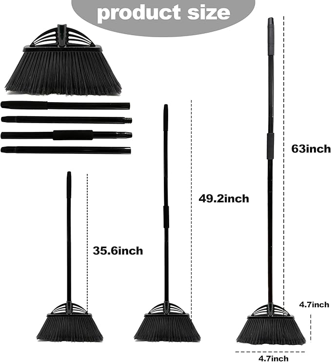 Four-Section Rod Long-Handled Broom,Heavy-Duty Broom, Angle Broom for Outdoor/Indoor（Black）
