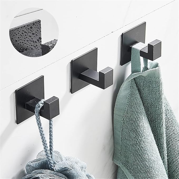 Flybath Coat Hook SUS 304 Stainless Steel Towel Robe Hooks Square Bathroom Accessories Wall Mounted Self Adhesive (No Drilling), Plating Matte Black - 2 Pack